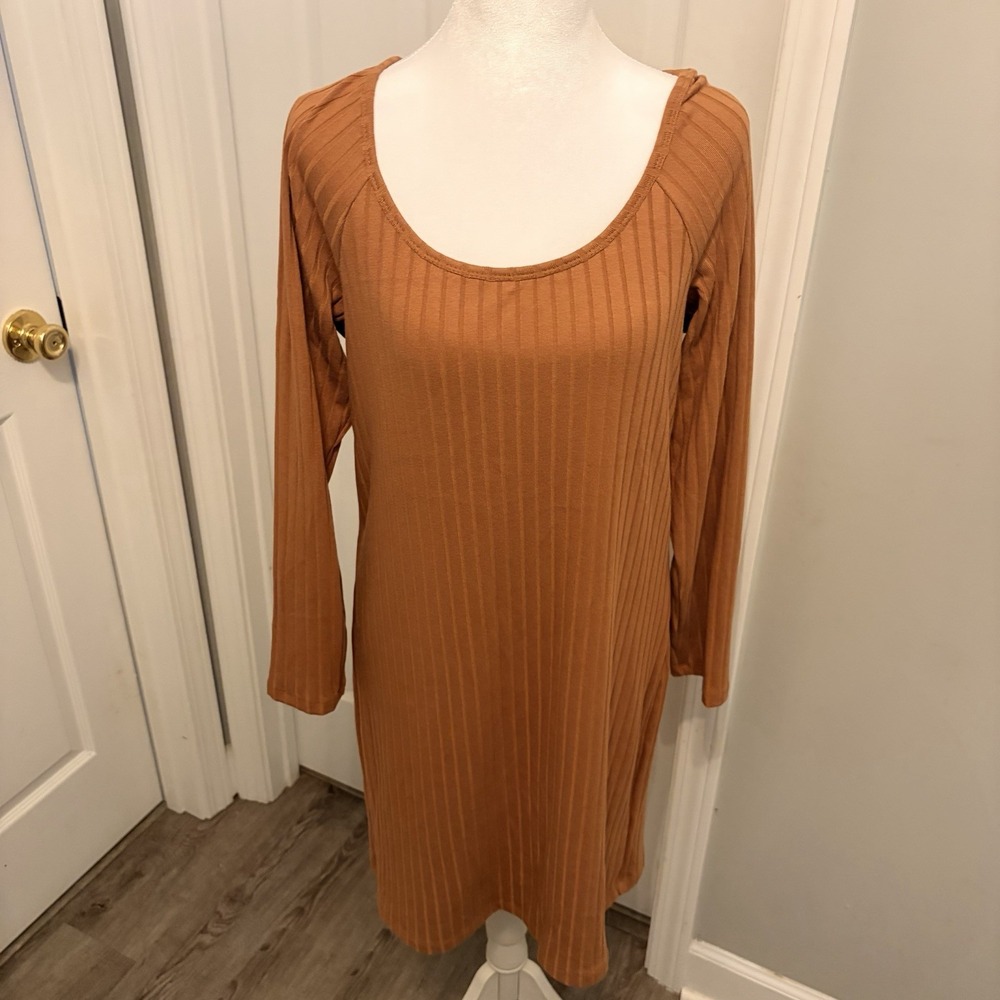 Old Navy Ribbed Scoop-Neck Long-Sleeve Mini Dress Warm Caramel Brown XL Stretch